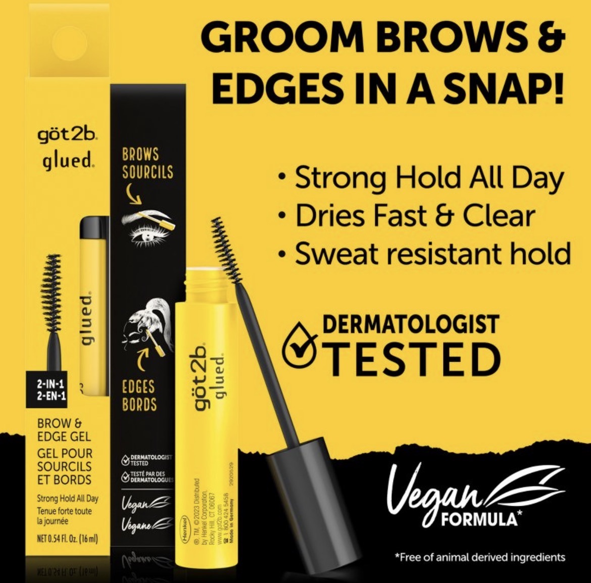 got2b glued brow and edge gel with product packaging on a yellow background