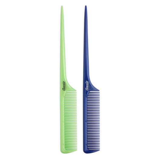 Two combs, one green and one blue, on a white background