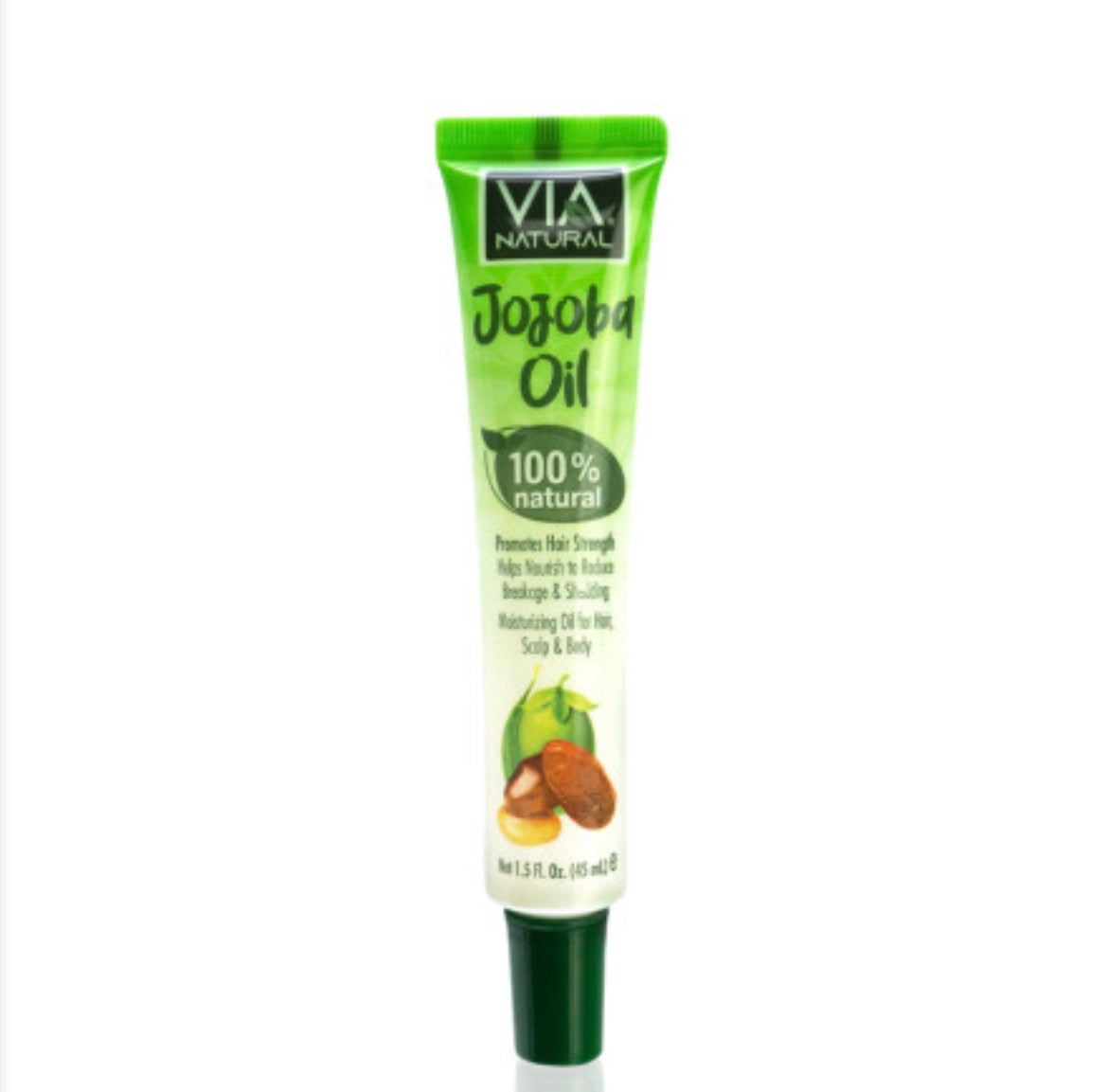 Tube of Via Natural Jojoba Oil on a white background