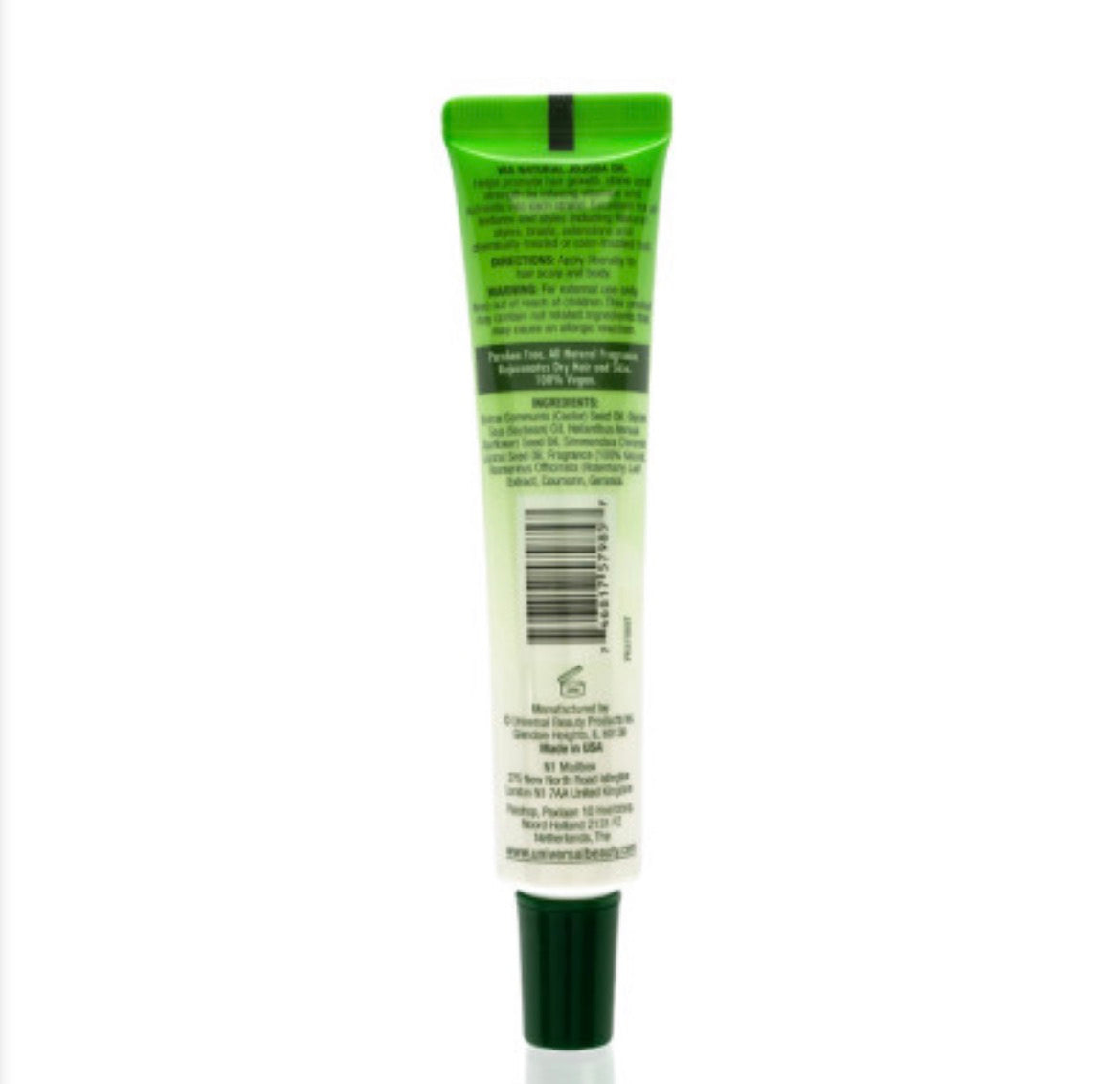 Green tube of body oil with label on a white background