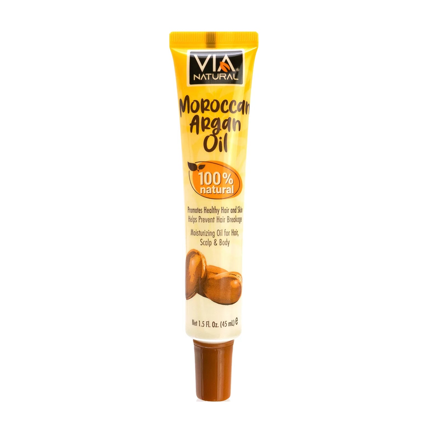 Tube of Via Natural Moroccan Argan Oil on a white background