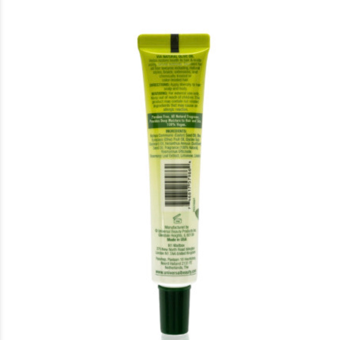 Green tube with text and a barcode on a white background